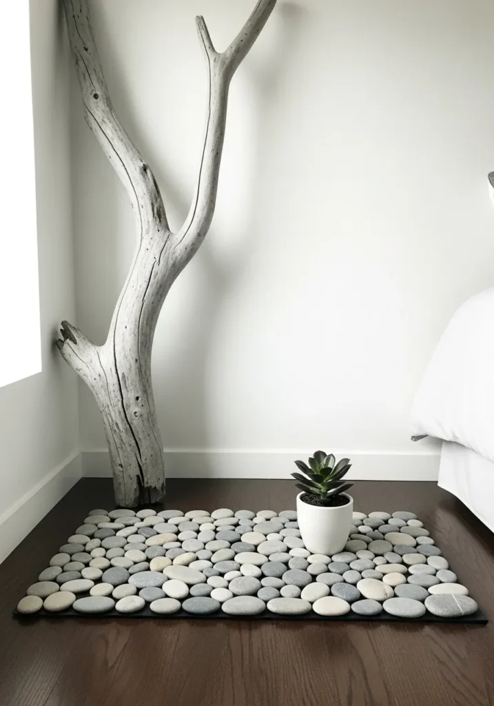 Driftwood and stone decor in a minimalist summer bedroom.