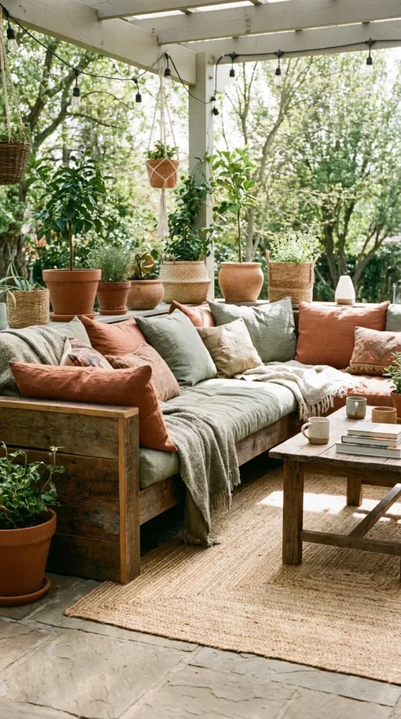 Earthy color palette on boho patio – warm and inviting textiles