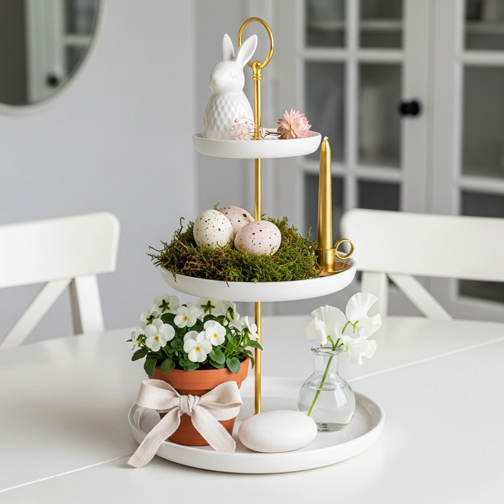 Easter tiered tray decor ideas with white ceramic bunny figurine blush dried flower fresh moss nest speckled ceramic eggs gold taper candle cream linen ribbon terracotta white violas sweet pea bud vase and white stone on white ceramic gold three tier stand for Easter tiered tray decor ideas 2026