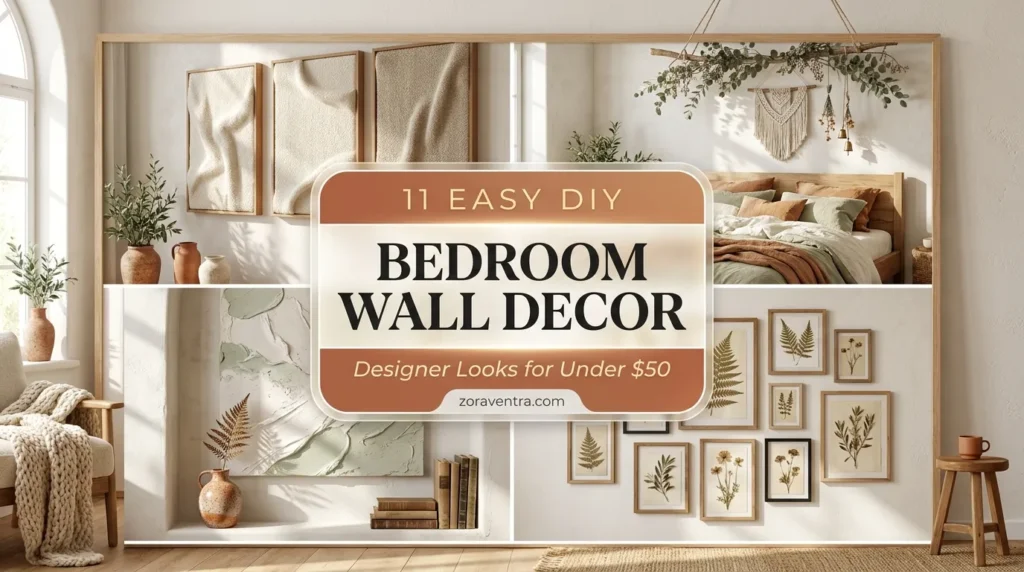2x2 collage of easy DIY wall decor ideas for bedroom featuring framed fabric, eucalyptus hangings, and plaster art.