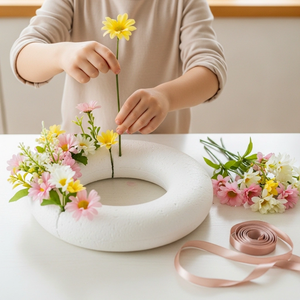 Easy spring wreaths to make with kids showing child hands pushing yellow artificial flower stem into white foam ring wreath base with pink white yellow flowers pile and blush ribbon nearby on white kitchen table in natural window light for easy spring wreaths to make with kids 2026