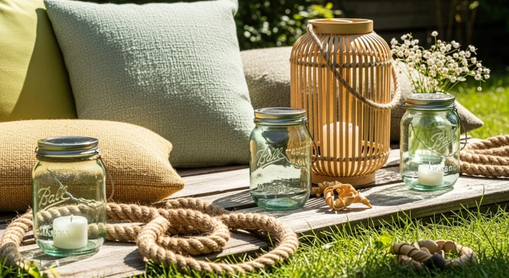 Beautiful eco-friendly garden decor ideas with natural light, recycled materials and sustainable spring styling