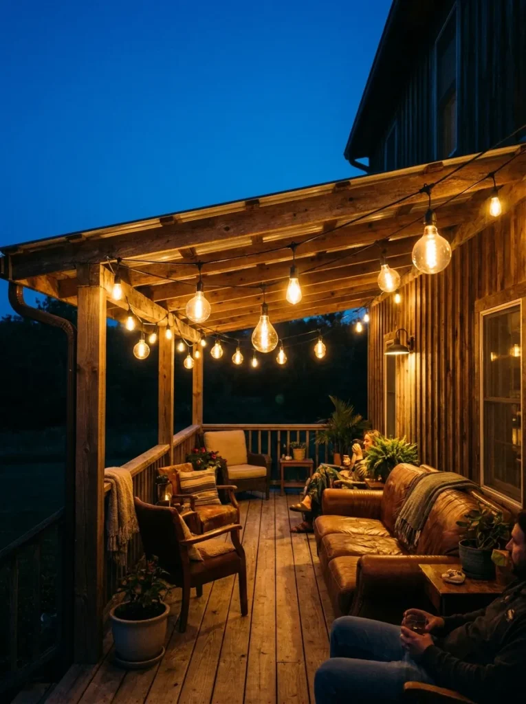 Warm Edison string lights draped across a summer porch at twilight.