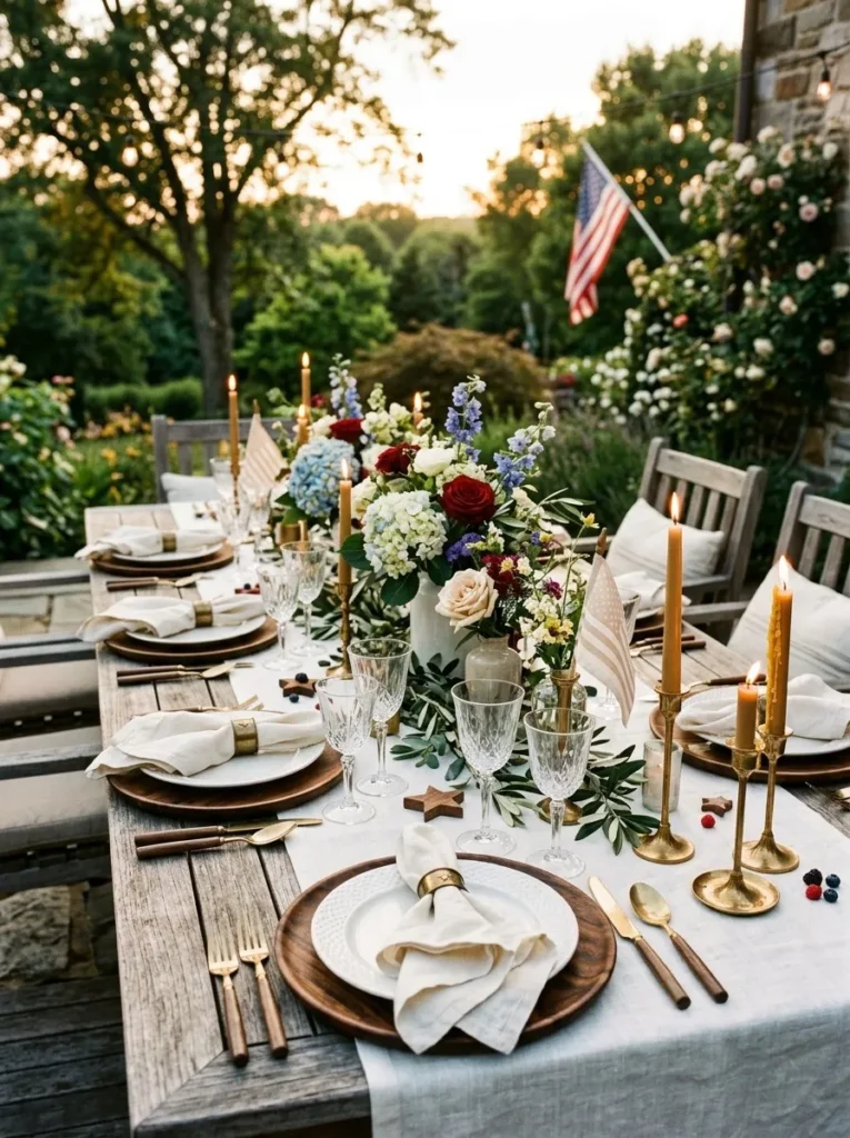 Elegant 4th of July tablescape with brass accents – elevated backyard dinner