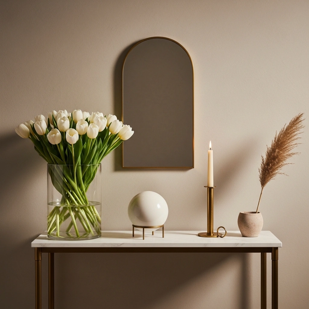 Elegant entryway console table decorating with white tulip glass cylinder vase polished white ceramic sphere brass candlestick dried pampas terracotta pot and arched brass mirror on marble-topped console table for elegant entryway console table decorating ideas 2026