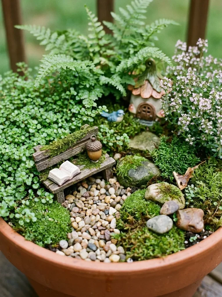Enchanted forest fairy garden – magical reading nook in a pot