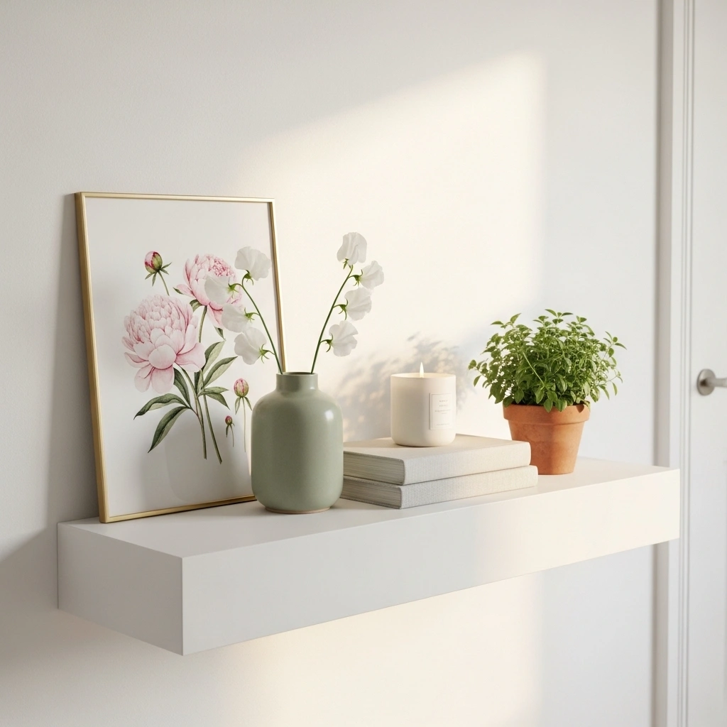 Entryway console table decor ideas spring using four step formula with botanical print backdrop sage vase sweet peas linen book stack white candle and terracotta herb plant on white slim console table for entryway console table decor ideas spring 2026