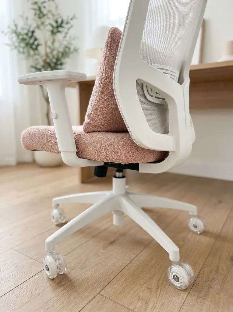 White office chair with blush boucle pillow and modern wheels.