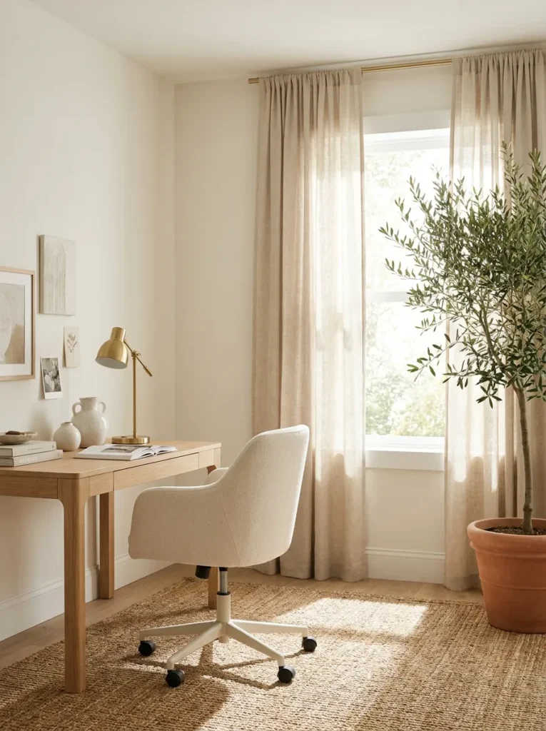 Elegant ergonomic office chair in a bright spring home office with modern organic décor.