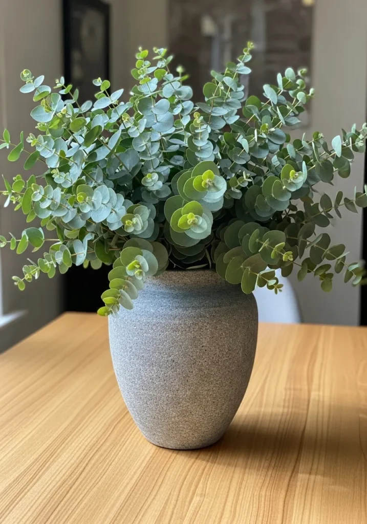 Fresh silver dollar eucalyptus in a stone vase for a cool bedroom.