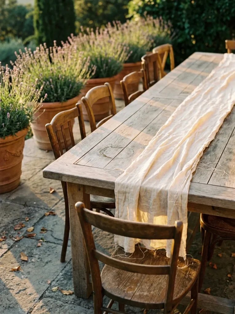 Reclaimed wood table set for European-style al fresco dining.