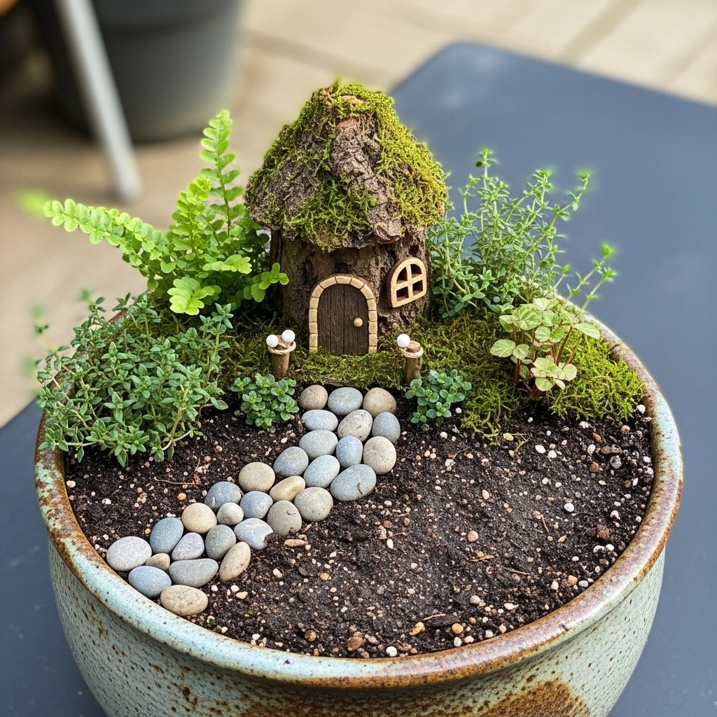 Fairy garden in a ceramic pot designed for small backyard spaces with a tiny house, small plants, and natural textures in soft daylight