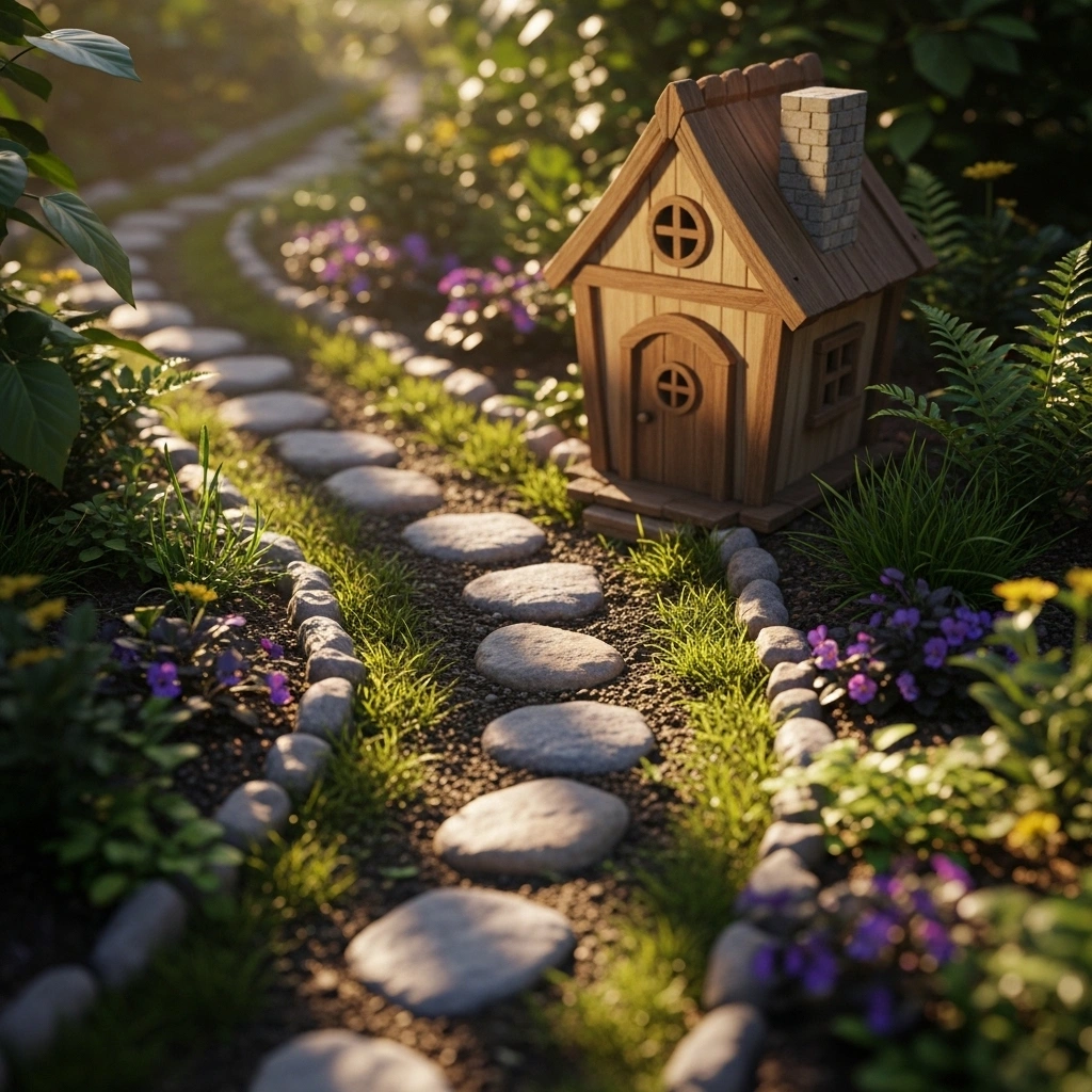 Outdoor fairy garden ideas featuring a natural stone path leading to a small wooden fairy house surrounded by moss and soft morning sunlight creating a calm minimalist fairy garden layout
