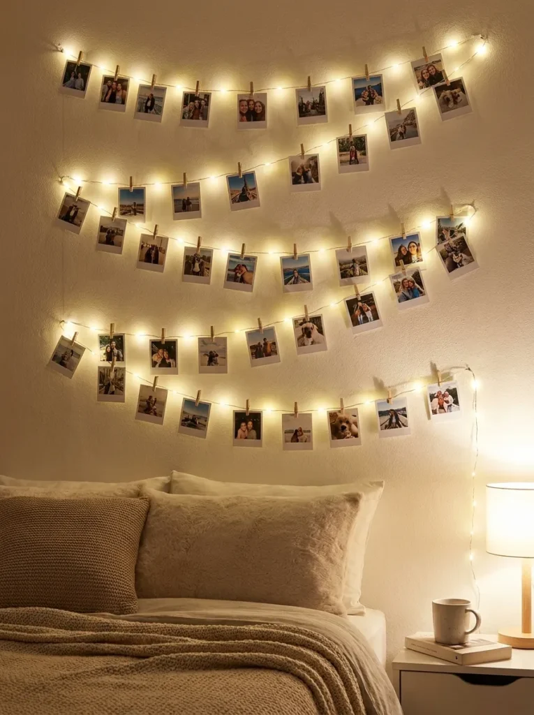 Fairy lights with clipped photos on a bedroom wall.