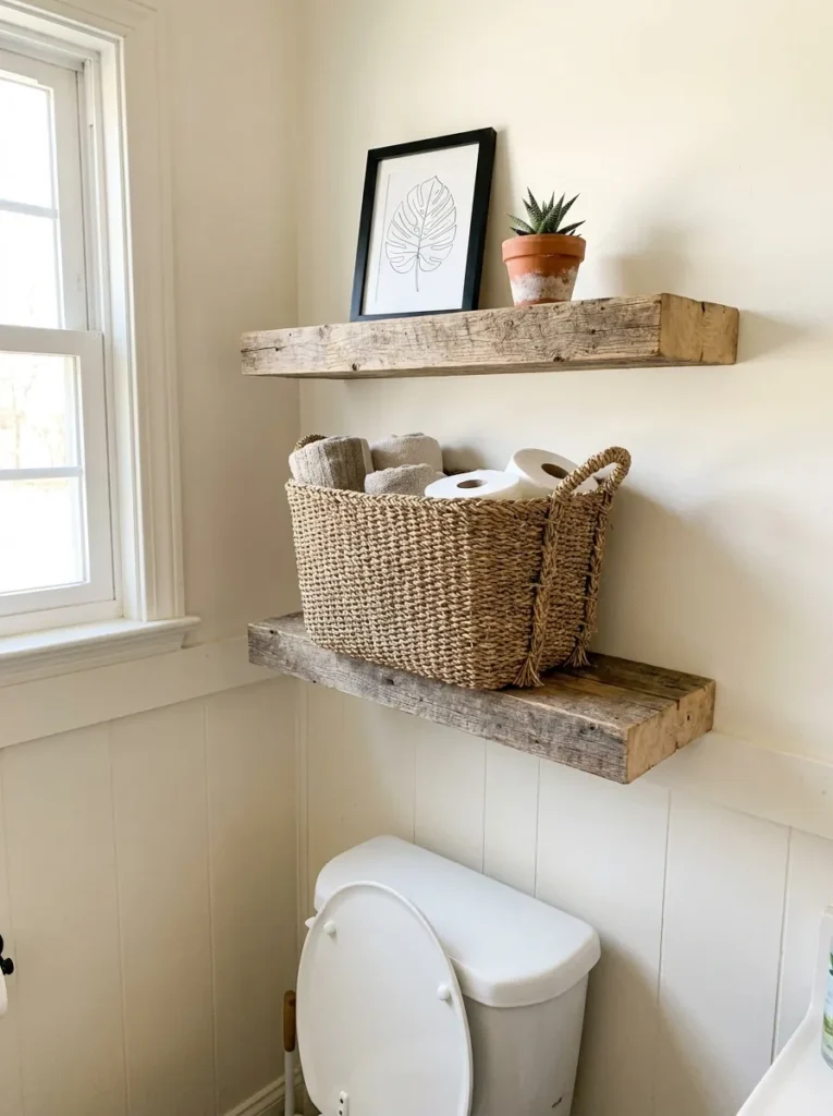Farmhouse above-toilet shelves with a wicker basket and framed art.