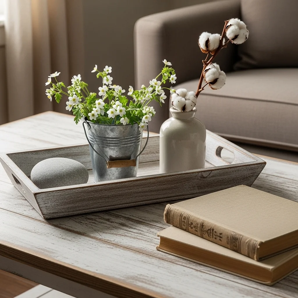 Farmhouse spring coffee table decor with distressed wood tray galvanized wildflower bucket cotton stem stoneware vase and linen book on whitewashed rustic table
