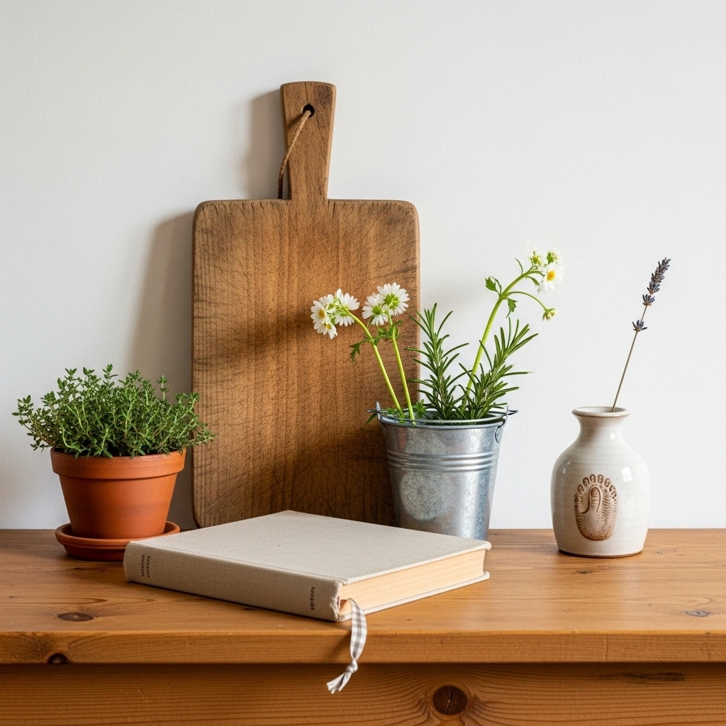  Farmhouse spring console table decor with worn wood cutting board galvanized wildflower pail hand thrown pottery vase linen book with gingham bookmark and terracotta thyme pot on pine console table for farmhouse spring console table decor ideas 2026
