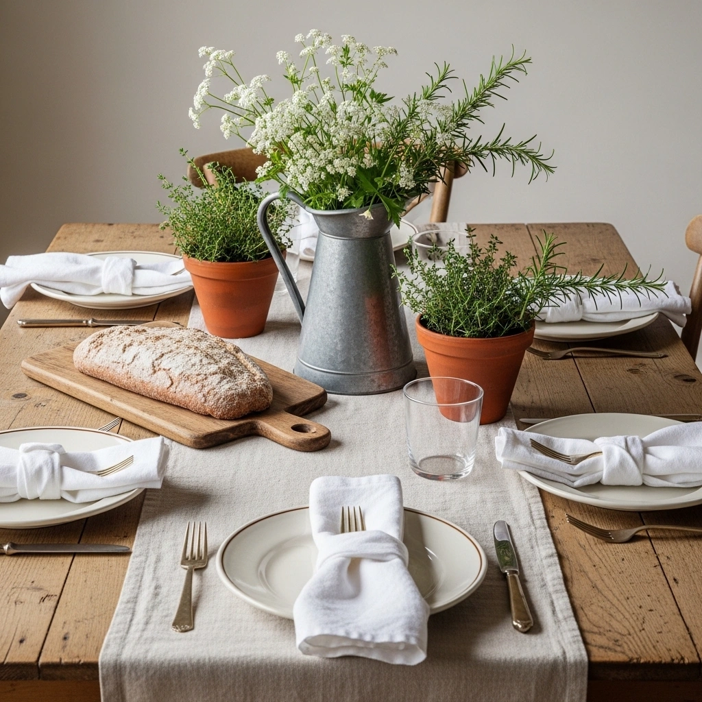  Farmhouse spring dining table with worn wood table oat linen runner galvanized wildflower pitcher terracotta herb pots wooden breadboard cream ceramic plates and white linen napkins for farmhouse spring dining table decor ideas
