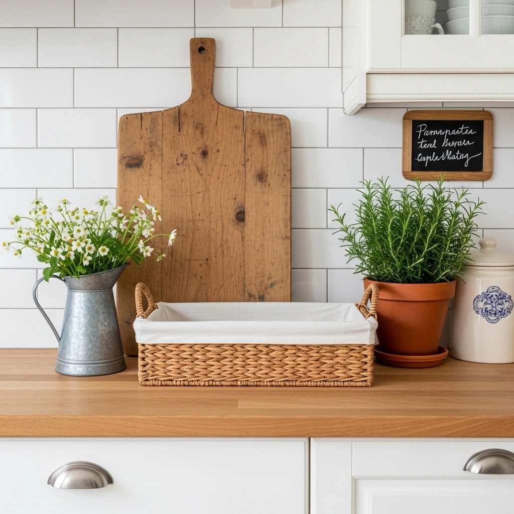Farmhouse spring kitchen counter decor with worn wood breadboard galvanized wildflower pitcher rattan bread basket terracotta rosemary pot and chalkboard sign for farmhouse spring kitchen counter decor ideas
