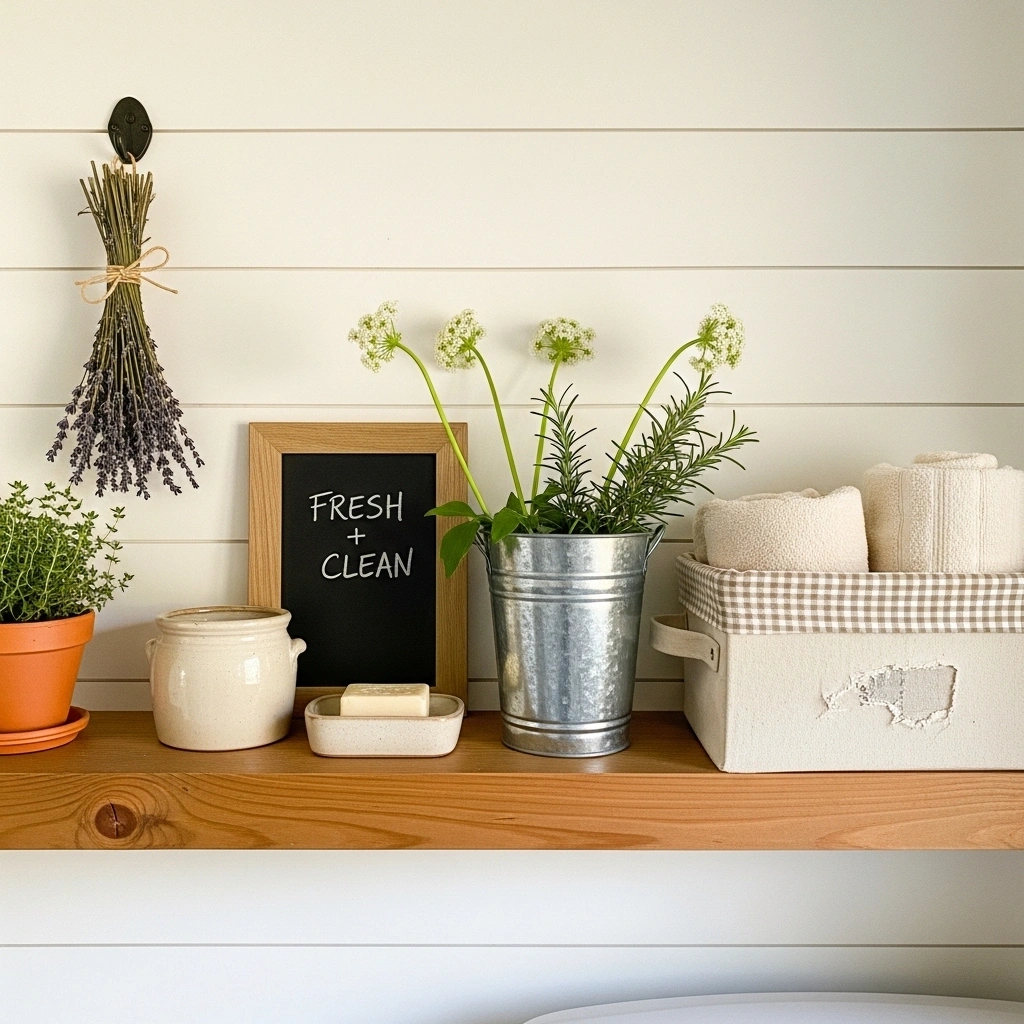  Farmhouse spring laundry room decor ideas with galvanized wildflower pail hand thrown pottery soap dish gingham lined linen basket chalkboard sign lavender bundle iron hook and terracotta thyme on pine shelf for farmhouse spring laundry room decor ideas 2026
