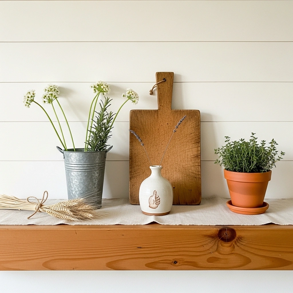  Farmhouse spring mantel decor ideas with worn wood cutting board galvanized wildflower pail hand thrown pottery vase cream linen runner terracotta thyme dried wheat bundle and jute twine on natural pine fireplace mantel for farmhouse spring mantel decor ideas 2026