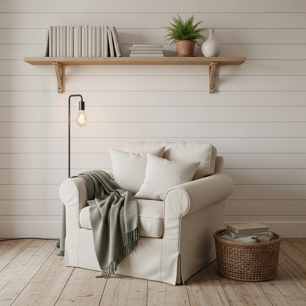 Farmhouse spring reading nook with cream linen slipcover armchair white shiplap wall oak floating shelves fern Edison lamp and wicker blanket basket for farmhouse spring reading nook ideas