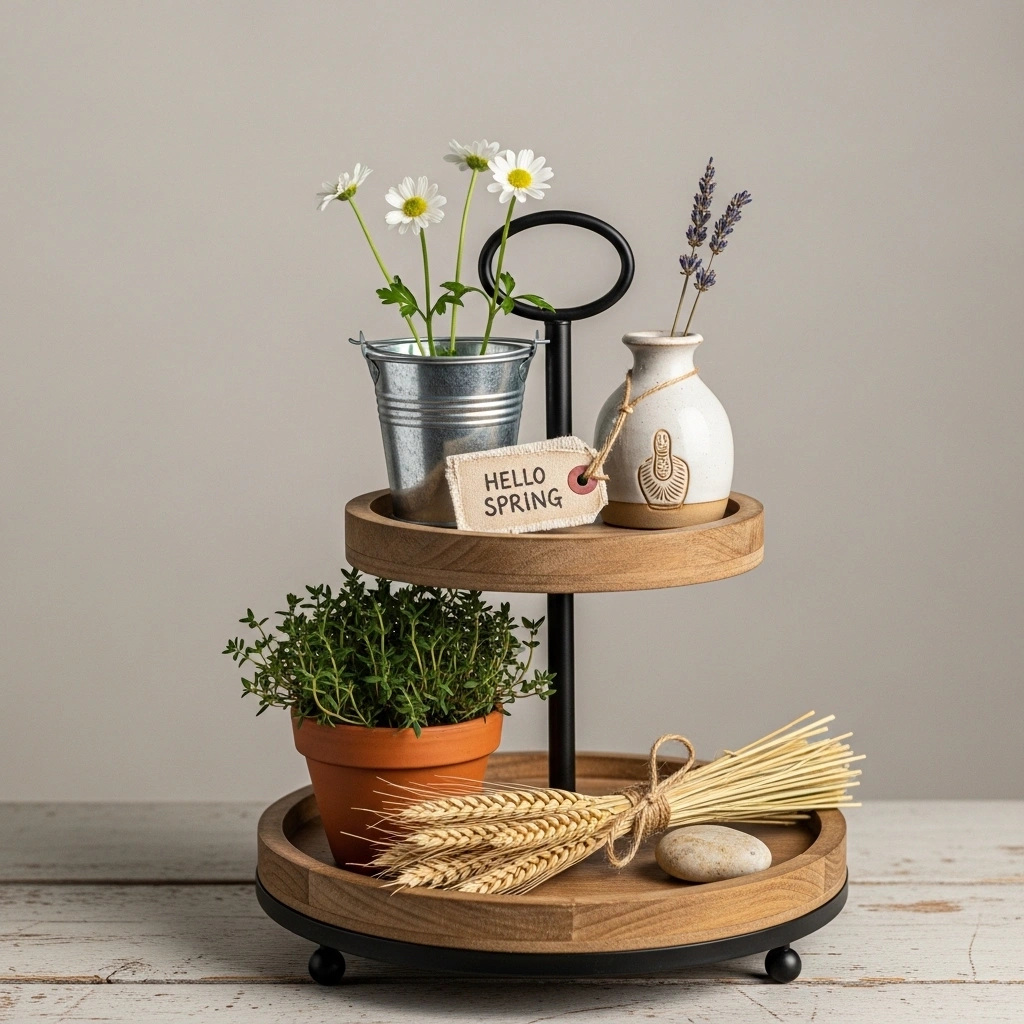 Farmhouse spring tiered tray decor ideas with galvanized wildflower bucket hand thrown pottery vase dried lavender linen hello spring tag terracotta thyme dried wheat bundle and river stone on natural wood black metal three tier stand for farmhouse spring tiered tray decor ideas 2026