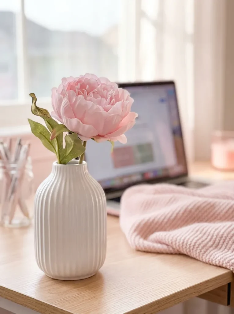 Faux peony in a ribbed vase on a feminine white desk.