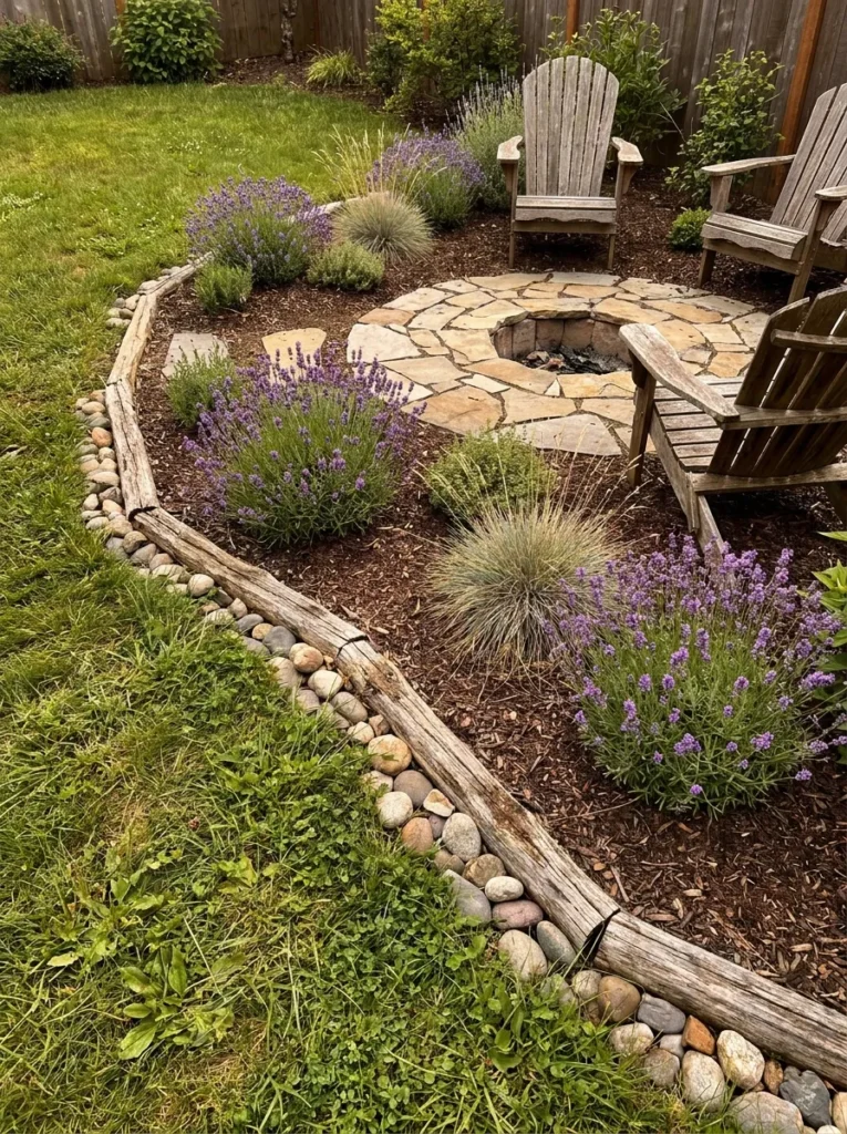 Flower bed border around fire pit – soft natural landscaping