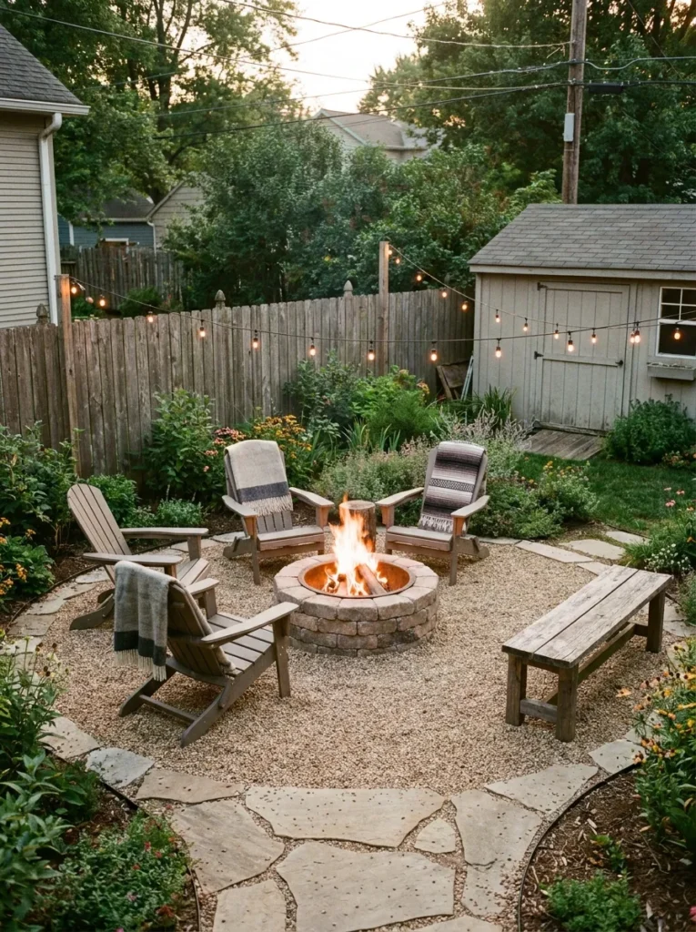 Fire pit gravel patio in small yard – clean and practical landscaping