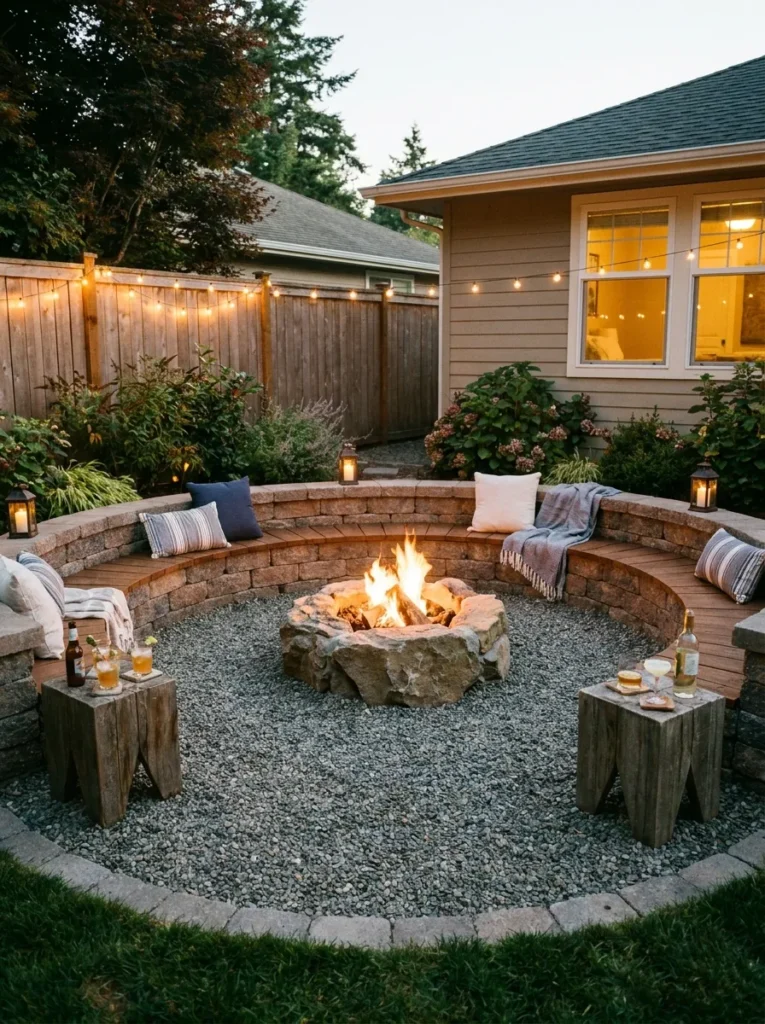 Gravel patio with built-in bench around fire pit – functional design