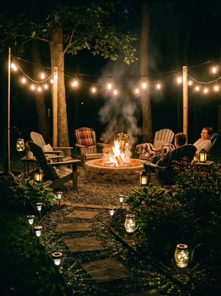 Fire pit lighting with solar and string lights – safe and beautiful