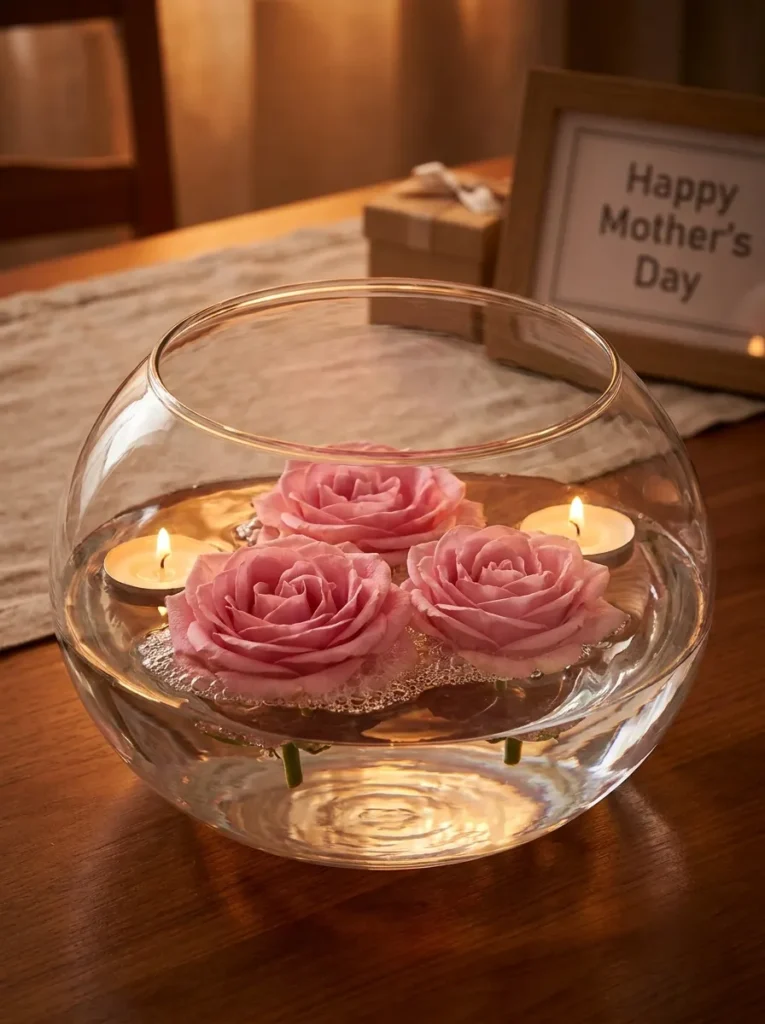 Floating floral centerpiece with roses and candles in water.