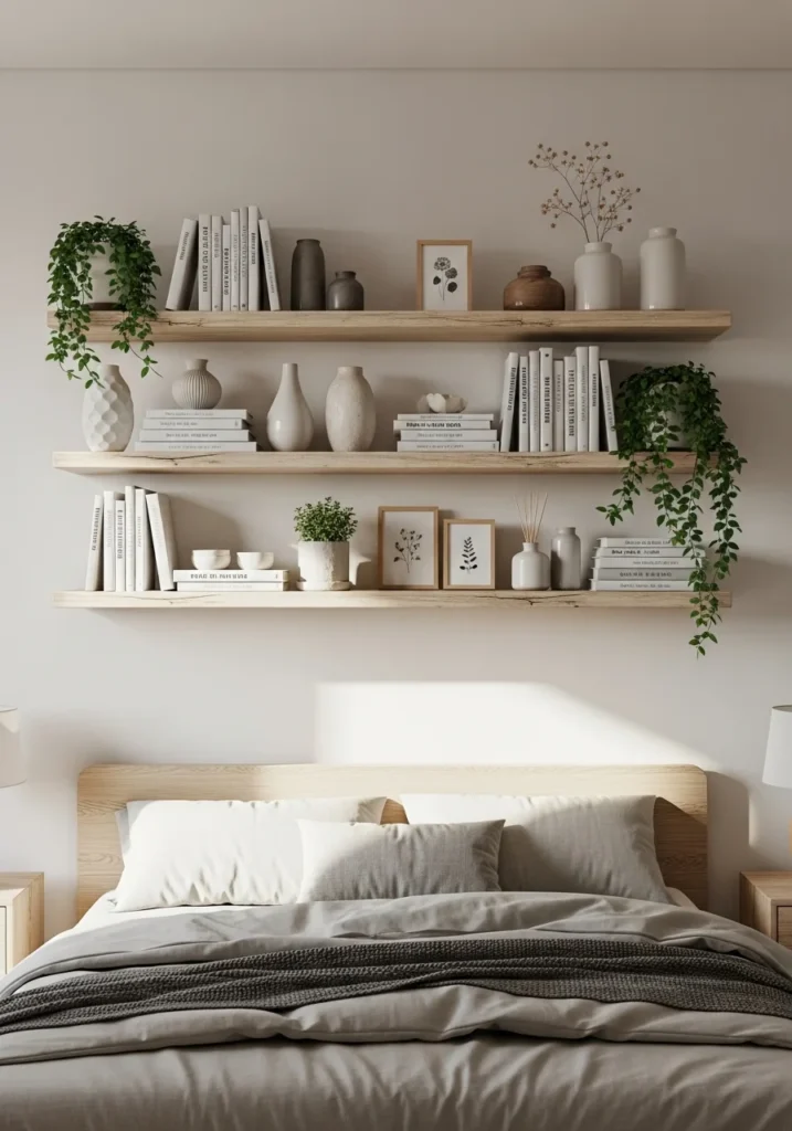 Floating shelves as bedroom decor and storage – pretty and practical