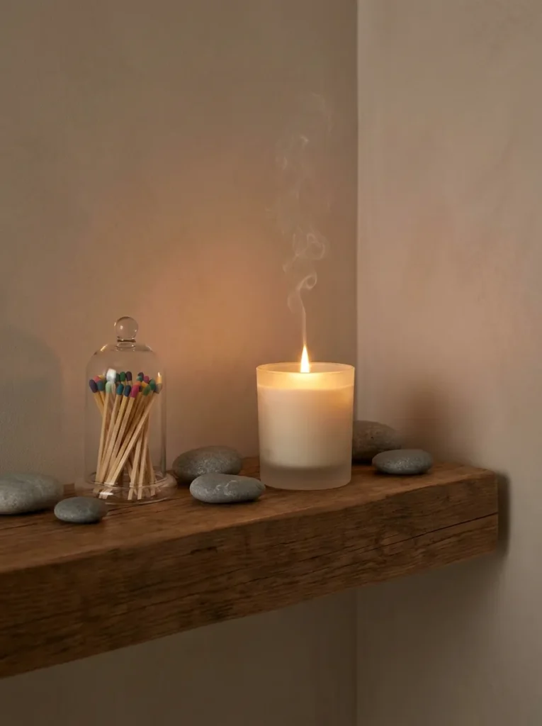 Spa-themed floating shelf with a lit candle and match cloche.
