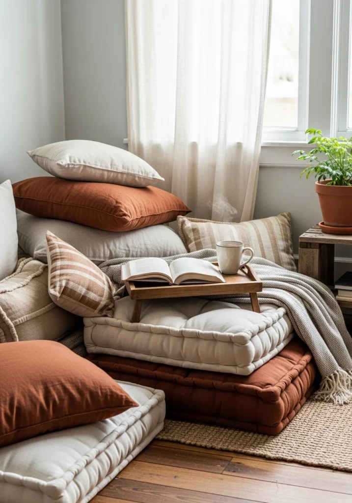 Floor cushion reading nook – budget-friendly cozy corner