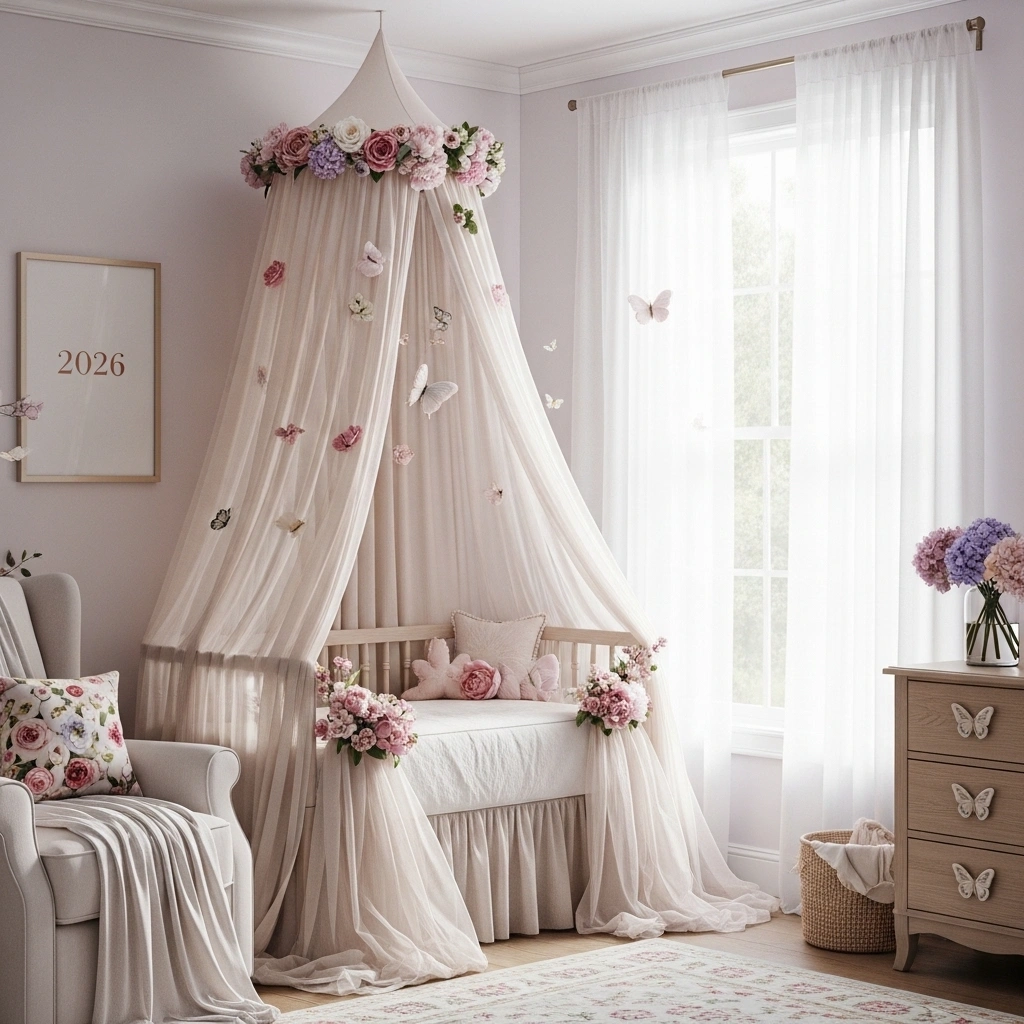 Floral canopy bed for butterfly nursery – elegant spring decor