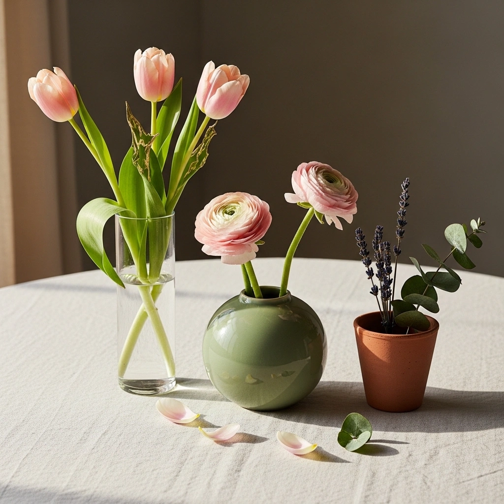 Spring floral centrepiece ideas with three varying height vessels — tall blush tulip glass cylinder medium sage ceramic ranunculus vase and short terracotta lavender pot with scattered petals on linen tablecloth