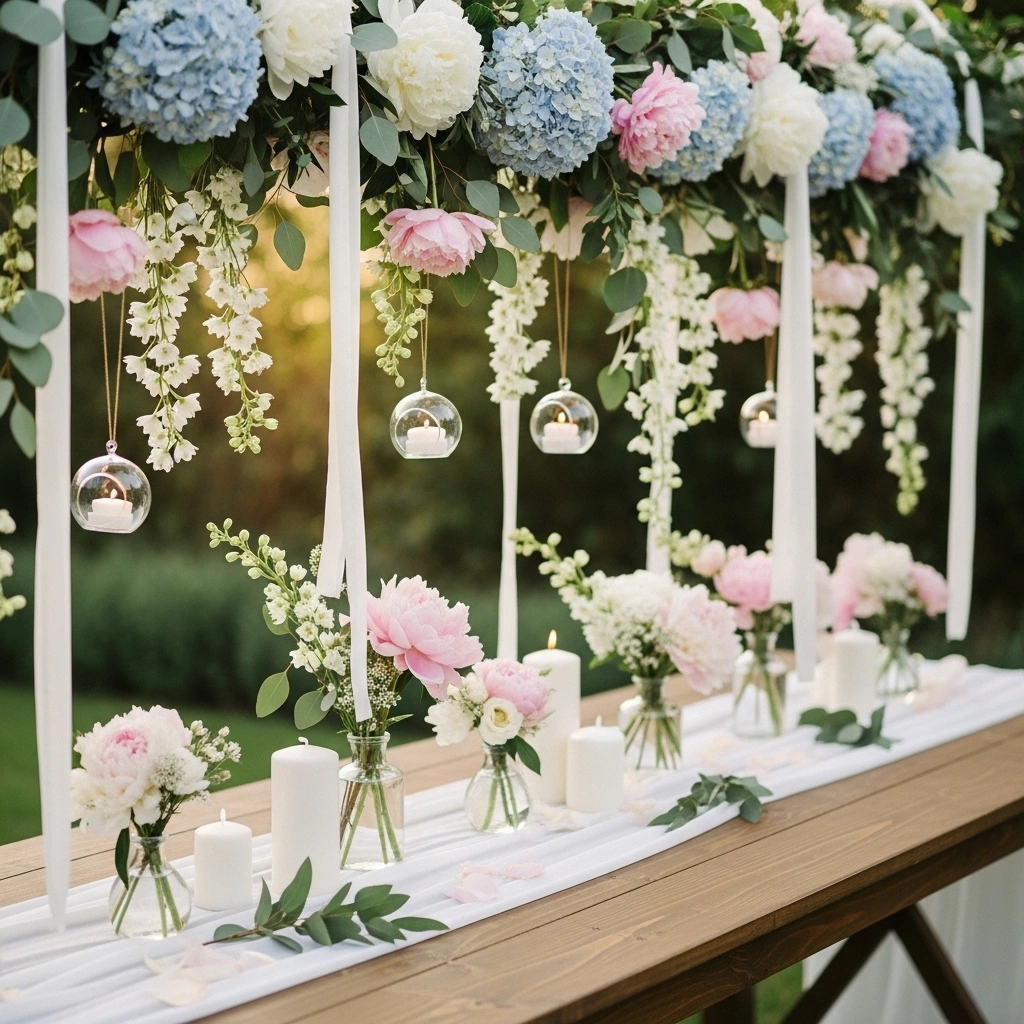 Floral table decor with hanging elements – romantic spring wedding look