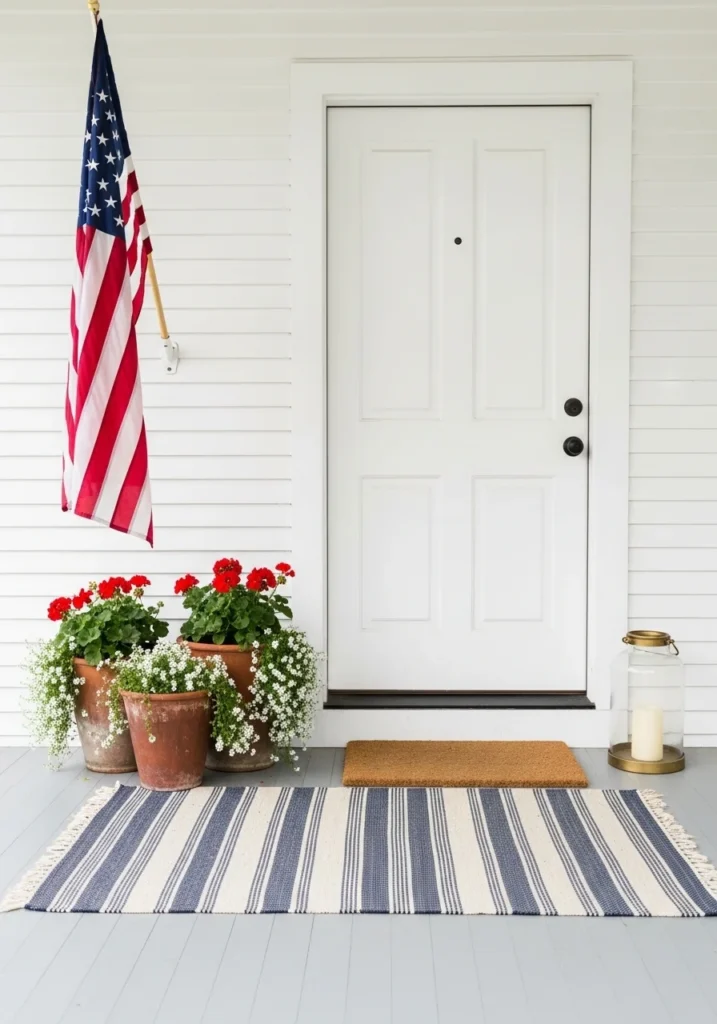 Edited and restrained Fourth of July porch decoration with American flag terracotta planters red geraniums white sweet alyssum navy stripe rug coir doormat and single glass lantern as the complete display for fourth of july porch decoration tips