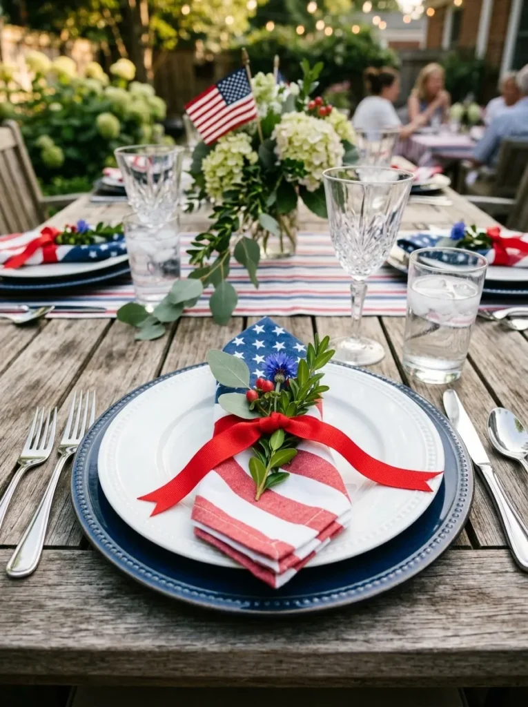 Patriotic place setting with flag napkin – thoughtful 4th of July detail