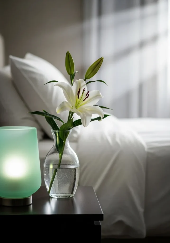 Sea-glass lamp and frosted glass decor on a summer nightstand.