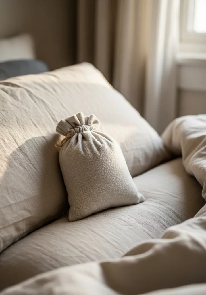 DIY frozen rice pouch sitting on a bedroom pillow for cooling.