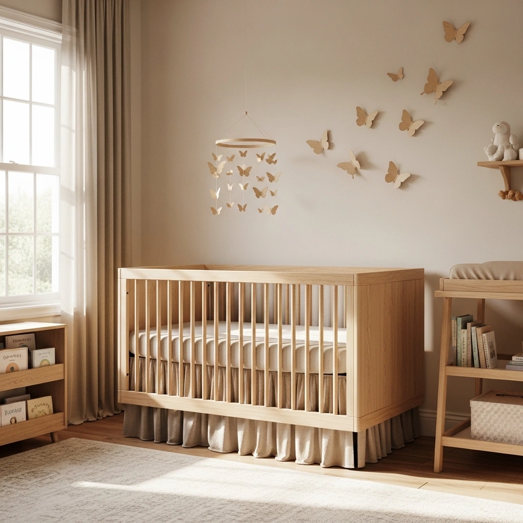 Gender neutral butterfly nursery with wooden accents – timeless decor