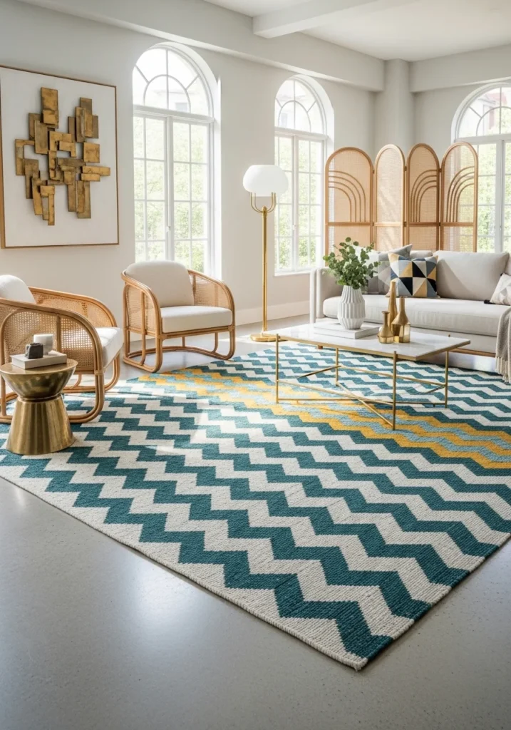 Geometric rug in neo deco living room – bold pattern with clean lines