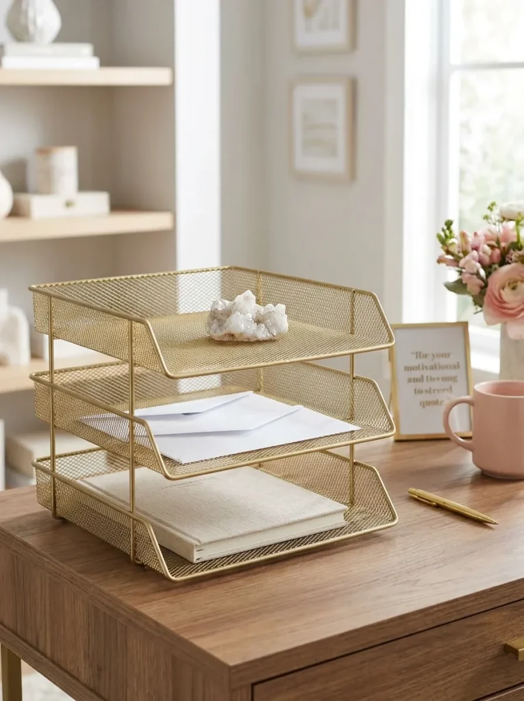 Gold tiered document organizer for a feminine business desk.
