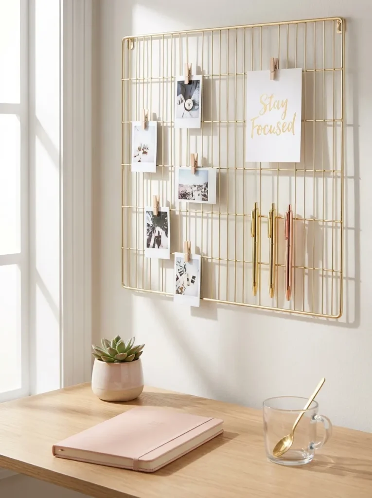 Gold wire vision board with motivational photos above a desk.
