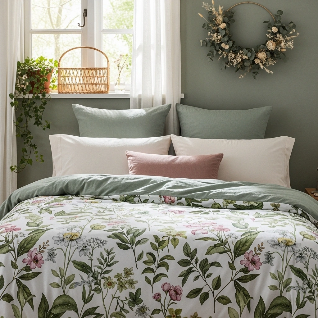 Green floral bedroom spring cottage with watercolour botanical floral duvet cover plain sage green linen euro pillows cream cotton pillowcases dusty blush accent pillow trailing ivy terracotta pot on white windowsill dried eucalyptus botanical wreath and sage green wall in diffused spring window light for green floral bedroom spring cottage ideas 2026