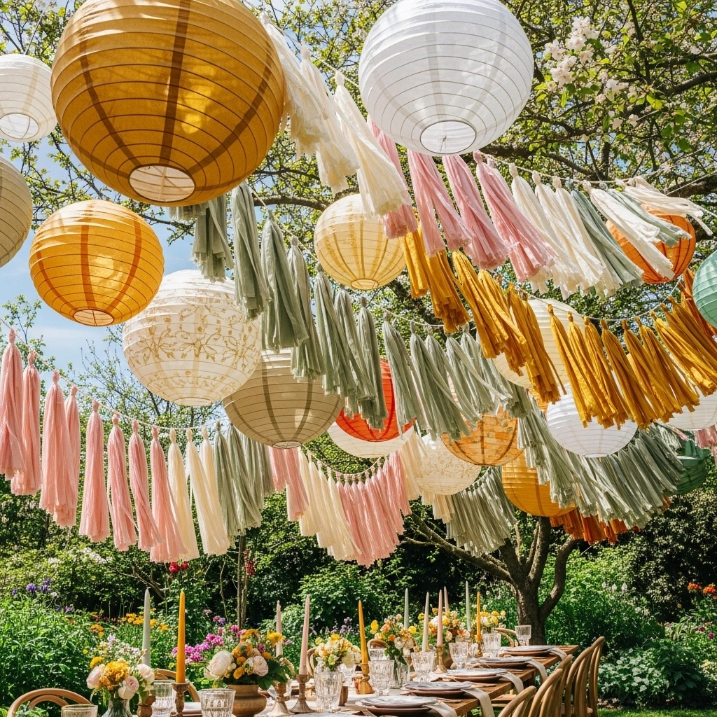 Hanging lanterns and tassel garlands – playful boho garden party decoration ideas