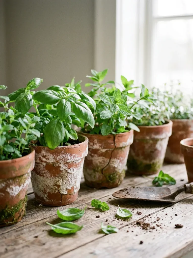 Row of herb-filled terracotta pots as a patio table centerpiece.